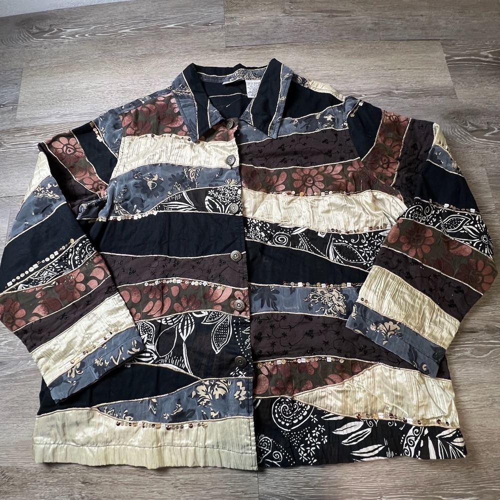 Units Woman Patchwork Jacket Women 1X Black Brown Mixed Media Sequin Boho AL40